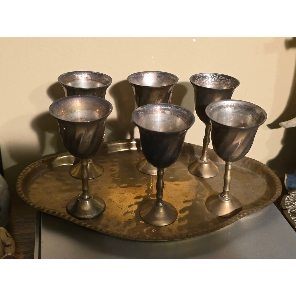 Indian Brass Cordial Set, 6 Mini Goblets and Tray